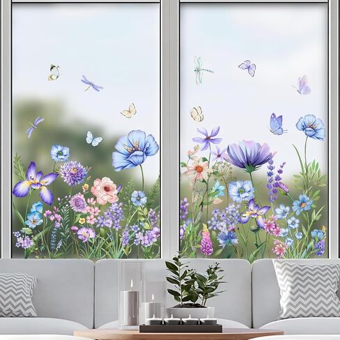 Summer Flower Window Clings Spring Double-Sided Blue Purple Wildflower Window Stickers Garden Watercolor Floral Butterfly Grass Decals Sticker Home Decor (11.8 * 23.6inch) in Saudi Arabia