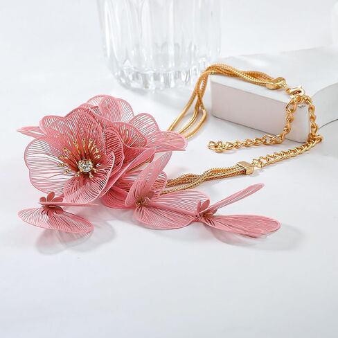 Vintage Floral Layered Necklace for Women Designer Flower Metal Tassel Fringe Y-shaped Large Filigree 3D Boho Hawaiian Big Petals Vacation Chic Oversized Statement Fashion Jewelry in Saudi Arabia