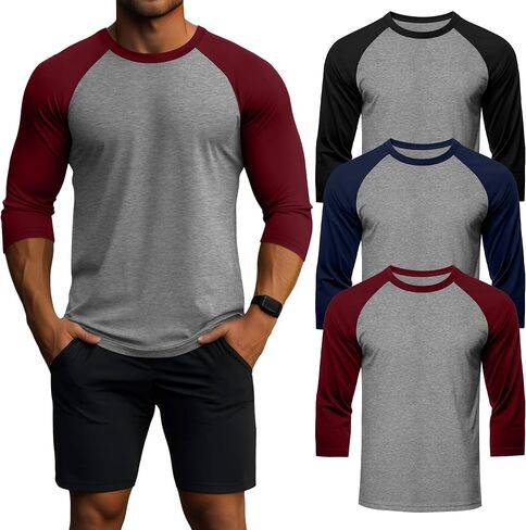 Huukeay 3 Pack Men's 3/4 Sleeve Shirts Cotton Crew Neck Baseball T Shirts Moisture Wicking Athletic Tee Tops in Saudi Arabia