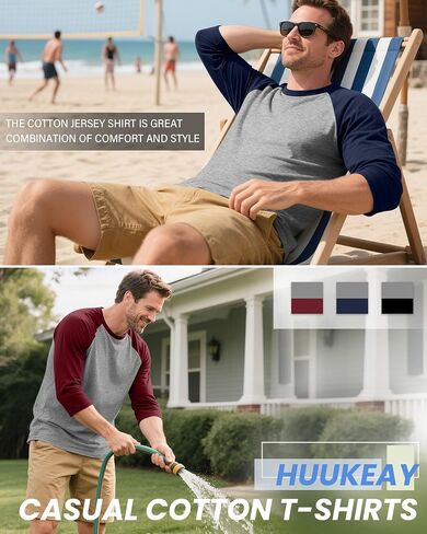 Huukeay 3 Pack Men's 3/4 Sleeve Shirts Cotton Crew Neck Baseball T Shirts Moisture Wicking Athletic Tee Tops in Saudi Arabia