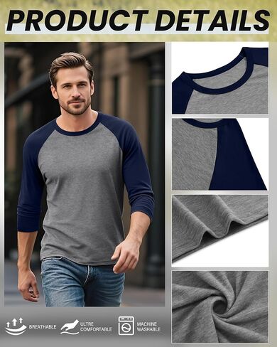 Huukeay 3 Pack Men's 3/4 Sleeve Shirts Cotton Crew Neck Baseball T Shirts Moisture Wicking Athletic Tee Tops in Saudi Arabia