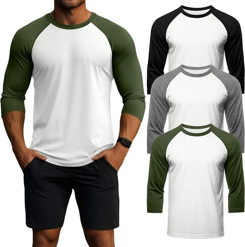 Huukeay 3 Pack Men's 3/4 Sleeve Shirts Cotton Crew Neck Baseball T Shirts Moisture Wicking Athletic Tee Tops in Saudi Arabia