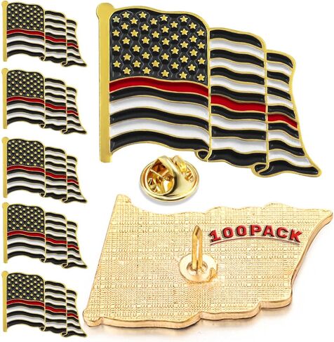 6/12/50/100 Pack-Thin Red Line American Flag Pins Bulk -1" Metal Patriotic Firefighting Lapel Pins Badge Souvenir For Hat Bag Travel Gifts Made in the USA in Saudi Arabia
