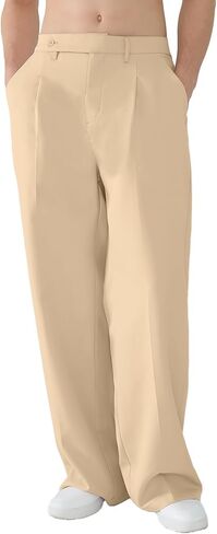 Susclude Mens Casual Dress Pants Pleated Old Money Wide Leg Baggy Pants Slacks Relaxed Fit Lightweight Work Trousers in Kuwait