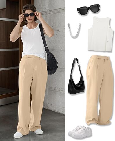 Susclude Mens Casual Dress Pants Pleated Old Money Wide Leg Baggy Pants Slacks Relaxed Fit Lightweight Work Trousers in Kuwait