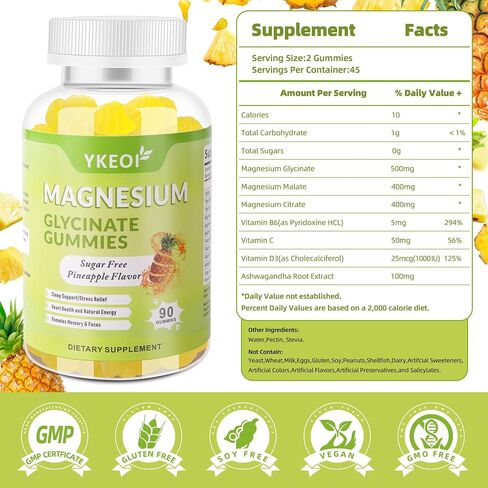 Magnesium Glycinate Gummies 500 Mg with Ashwagandha,Sugar Free Magnesium Supplement Triple Magnesium Complex with Malate,Citrate, Vitamin C D3 B6,Magnesium Supplement for Adults- 90 Gummies in Saudi Arabia