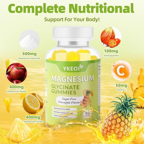 Magnesium Glycinate Gummies 500 Mg with Ashwagandha,Sugar Free Magnesium Supplement Triple Magnesium Complex with Malate,Citrate, Vitamin C D3 B6,Magnesium Supplement for Adults- 90 Gummies in Saudi Arabia
