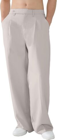 Susclude Mens Casual Dress Pants Pleated Old Money Wide Leg Baggy Pants Slacks Relaxed Fit Lightweight Work Trousers in Kuwait
