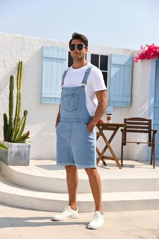Men's Denim Overalls Jean Shorts Bib Coveralls Casual Loose Fit Work Summer Jumpersuit in Kuwait