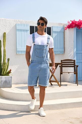Men's Denim Overalls Jean Shorts Bib Coveralls Casual Loose Fit Work Summer Jumpersuit in Kuwait