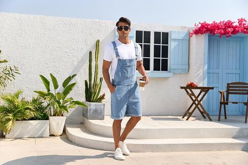 Men's Denim Overalls Jean Shorts Bib Coveralls Casual Loose Fit Work Summer Jumpersuit in Kuwait