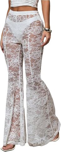 Verdusa Women's Sheer Lace High Waist Flared Leg Pants Bell Bottom Lightweight Summer Outfit in Kuwait