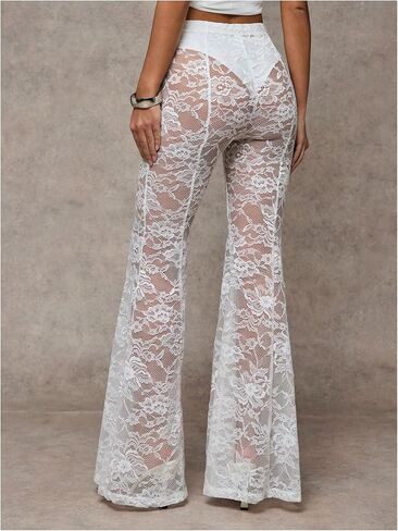 Verdusa Women's Sheer Lace High Waist Flared Leg Pants Bell Bottom Lightweight Summer Outfit in Kuwait