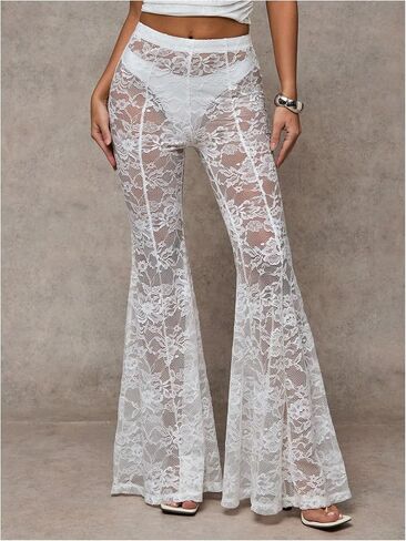 Verdusa Women's Sheer Lace High Waist Flared Leg Pants Bell Bottom Lightweight Summer Outfit in Kuwait