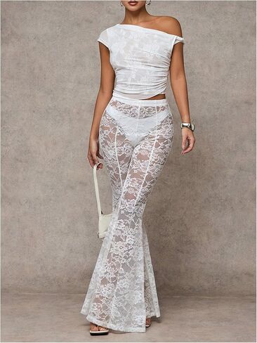 Verdusa Women's Sheer Lace High Waist Flared Leg Pants Bell Bottom Lightweight Summer Outfit in Kuwait