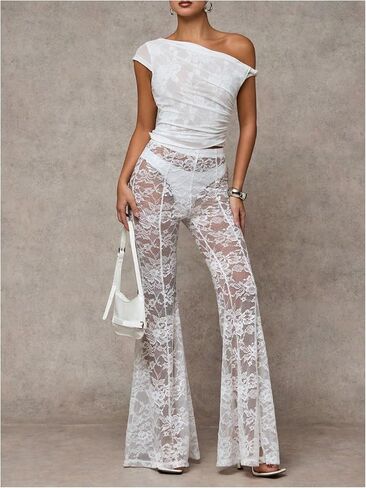 Verdusa Women's Sheer Lace High Waist Flared Leg Pants Bell Bottom Lightweight Summer Outfit in Kuwait