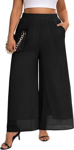Plus Size Women's Chiffon Wide Leg Pant Flowy Palazoo Pant Loose Fit High Waisted Trouser for Ladies in Kuwait