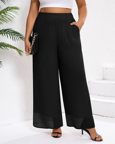 Plus Size Women's Chiffon Wide Leg Pant Flowy Palazoo Pant Loose Fit High Waisted Trouser for Ladies in Kuwait