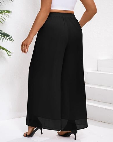 Plus Size Women's Chiffon Wide Leg Pant Flowy Palazoo Pant Loose Fit High Waisted Trouser for Ladies in Kuwait