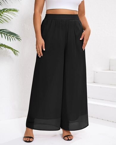 Plus Size Women's Chiffon Wide Leg Pant Flowy Palazoo Pant Loose Fit High Waisted Trouser for Ladies in Kuwait