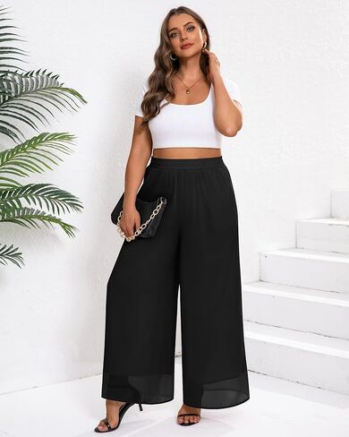 Plus Size Women's Chiffon Wide Leg Pant Flowy Palazoo Pant Loose Fit High Waisted Trouser for Ladies in Kuwait
