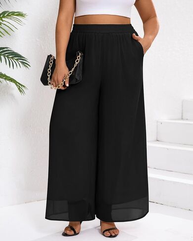Plus Size Women's Chiffon Wide Leg Pant Flowy Palazoo Pant Loose Fit High Waisted Trouser for Ladies in Kuwait