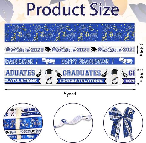 Hying 4 قطع 2024 أشرطة التخرج، 1 بوصة و3/8 بوصة عرض التخرج أشرطة Grosgrain فئة معدنية من 2024 الشريط الأزرق Congrats Grad Craft Ribbons لتغليف الهدايا لوازم ديكور حفلات التخرج in Saudi Arabia