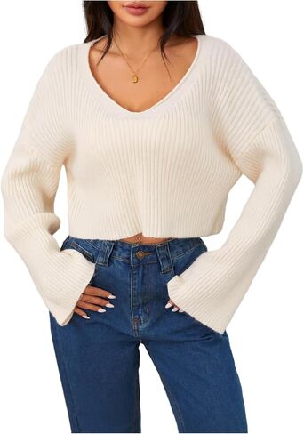 MakeMeChic Women's Cream Cropped Sweater Knit Crop Top Sweater V Neck Drop Shoulder Long Sleeve Pullover in Saudi Arabia