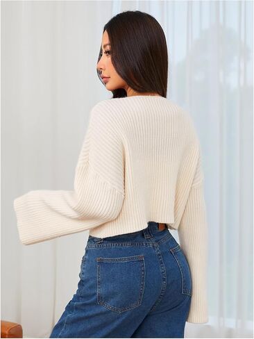 MakeMeChic Women's Cream Cropped Sweater Knit Crop Top Sweater V Neck Drop Shoulder Long Sleeve Pullover in Saudi Arabia