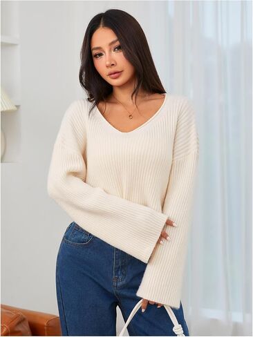 MakeMeChic Women's Cream Cropped Sweater Knit Crop Top Sweater V Neck Drop Shoulder Long Sleeve Pullover in Saudi Arabia