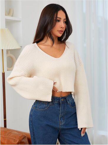 MakeMeChic Women's Cream Cropped Sweater Knit Crop Top Sweater V Neck Drop Shoulder Long Sleeve Pullover in Saudi Arabia