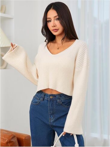 MakeMeChic Women's Cream Cropped Sweater Knit Crop Top Sweater V Neck Drop Shoulder Long Sleeve Pullover in Saudi Arabia