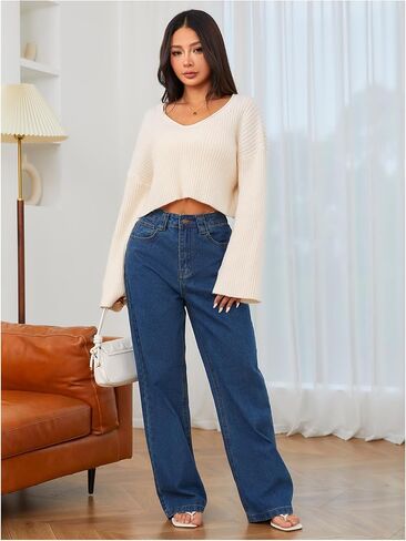 MakeMeChic Women's Cream Cropped Sweater Knit Crop Top Sweater V Neck Drop Shoulder Long Sleeve Pullover in Saudi Arabia