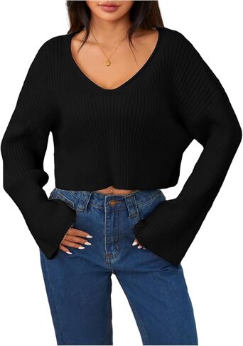 MakeMeChic Women's Cream Cropped Sweater Knit Crop Top Sweater V Neck Drop Shoulder Long Sleeve Pullover in Saudi Arabia