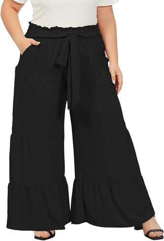 Moon Wood Plus Size Wide Leg Pants Woman High Waisted Palazzo Flowy Pants with Pockets Trendy Casual Summer Pants in Kuwait