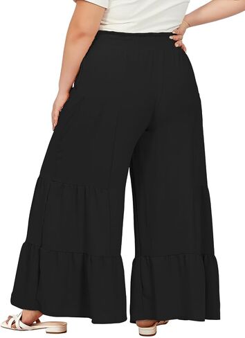 Moon Wood Plus Size Wide Leg Pants Woman High Waisted Palazzo Flowy Pants with Pockets Trendy Casual Summer Pants in Kuwait