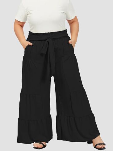 Moon Wood Plus Size Wide Leg Pants Woman High Waisted Palazzo Flowy Pants with Pockets Trendy Casual Summer Pants in Kuwait