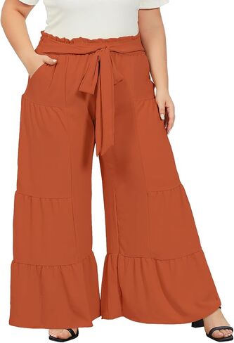 Moon Wood Plus Size Wide Leg Pants Woman High Waisted Palazzo Flowy Pants with Pockets Trendy Casual Summer Pants in Kuwait