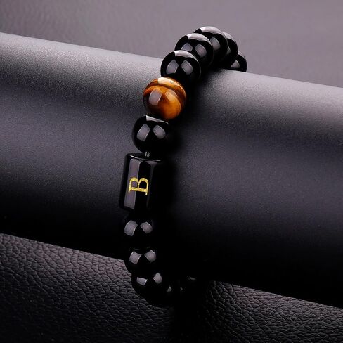 Initials Bracelets for Men Letters Bracelet Natural Tiger Eye Black Onyx Beaded Bracelet Handmade Jewelry Gift for Men in Saudi Arabia