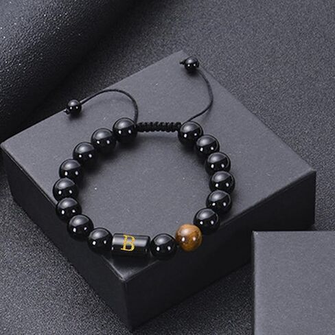 Initials Bracelets for Men Letters Bracelet Natural Tiger Eye Black Onyx Beaded Bracelet Handmade Jewelry Gift for Men in Saudi Arabia