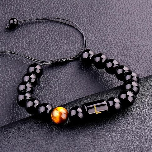 Initials Bracelets for Men Letters Bracelet Natural Tiger Eye Black Onyx Beaded Bracelet Handmade Jewelry Gift for Men in Saudi Arabia