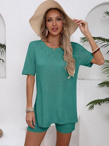 Womens 2 Piece Sets Summer Outfits Short Sleeve Top Lounge Matching Set Shirts Short Tracksuit in Saudi Arabia