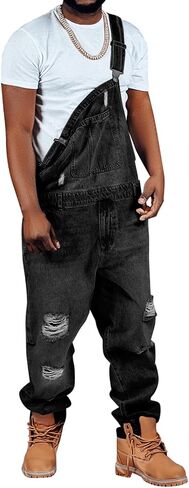 Runcati Men's Denim Bib Overall Ripped Distressed Jean Fashion Casual Adjustable Strap Loose Fit Hippie Jumpsuit in Saudi Arabia