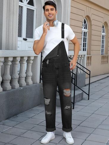 Runcati Men's Denim Bib Overall Ripped Distressed Jean Fashion Casual Adjustable Strap Loose Fit Hippie Jumpsuit in Saudi Arabia