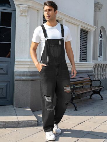 Runcati Men's Denim Bib Overall Ripped Distressed Jean Fashion Casual Adjustable Strap Loose Fit Hippie Jumpsuit in Saudi Arabia