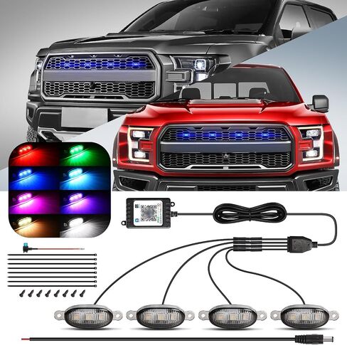 4 Pcs Led Universal RGB Grille Lights Compatible with Raptor Style Ford F150, Dodge Ram 1500, Tundra with APP Control - LED Front Daytime Running Light Accessories with Fuse & Harness in Kuwait