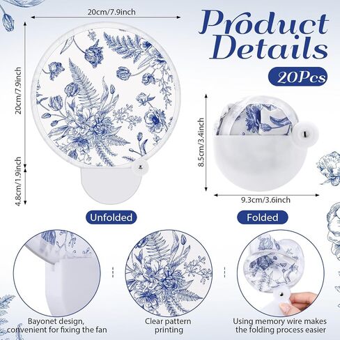 Roowest 20 Pcs Wedding Folding Hand Fans Blue Chinoiserie Floral Round Shaped Lightweight Folding Fan with Plastic Handle and Storage Bag for Summer Tea Party Wedding Favors Bridal Shower Parties in Kuwait
