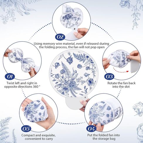 Roowest 20 Pcs Wedding Folding Hand Fans Blue Chinoiserie Floral Round Shaped Lightweight Folding Fan with Plastic Handle and Storage Bag for Summer Tea Party Wedding Favors Bridal Shower Parties in Kuwait