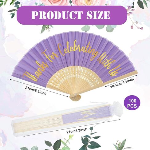 Tatuo 100 Pcs Wedding Party Favors Silk Foldable Hand Fans with Organza Bag Bridesmaid Gift with Thanks for Celebrating with Us Hand Fan for Wedding Party Bridal Gift Dancing Props(Sapphire) in Kuwait