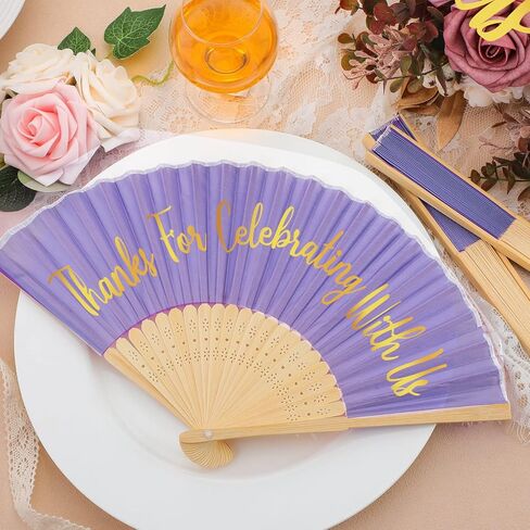Tatuo 100 Pcs Wedding Party Favors Silk Foldable Hand Fans with Organza Bag Bridesmaid Gift with Thanks for Celebrating with Us Hand Fan for Wedding Party Bridal Gift Dancing Props(Sapphire) in Kuwait